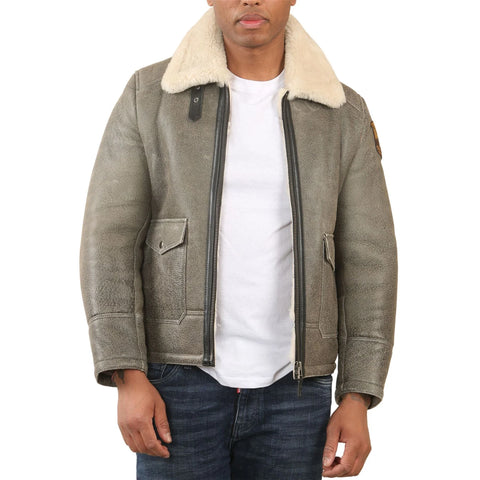 Men’s Grey B3 Shearling Aviator Jacket - Real Sheepskin Leather Bomber Winter Coat