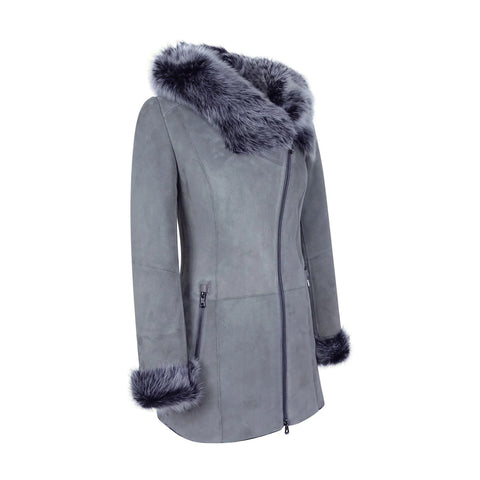 Women’s Grey Toscana Sheepskin Long Suede Coat – Zipped Hood Tailored Fit Jacket