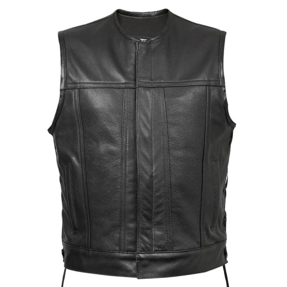 Leather Full Cut Vest Men's Black Motorcycle Biker Genuine Leather Club Style Riding Vest