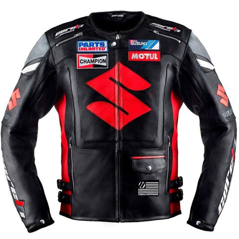 Suzuki Black Professional Men’s Motorcycle Racing Leather Jacket - CE Armored Track Gear