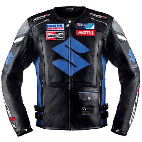 Suzuki Blue Professional Men’s Motorcycle Racing Leather Jacket - CE Armored Track Gear