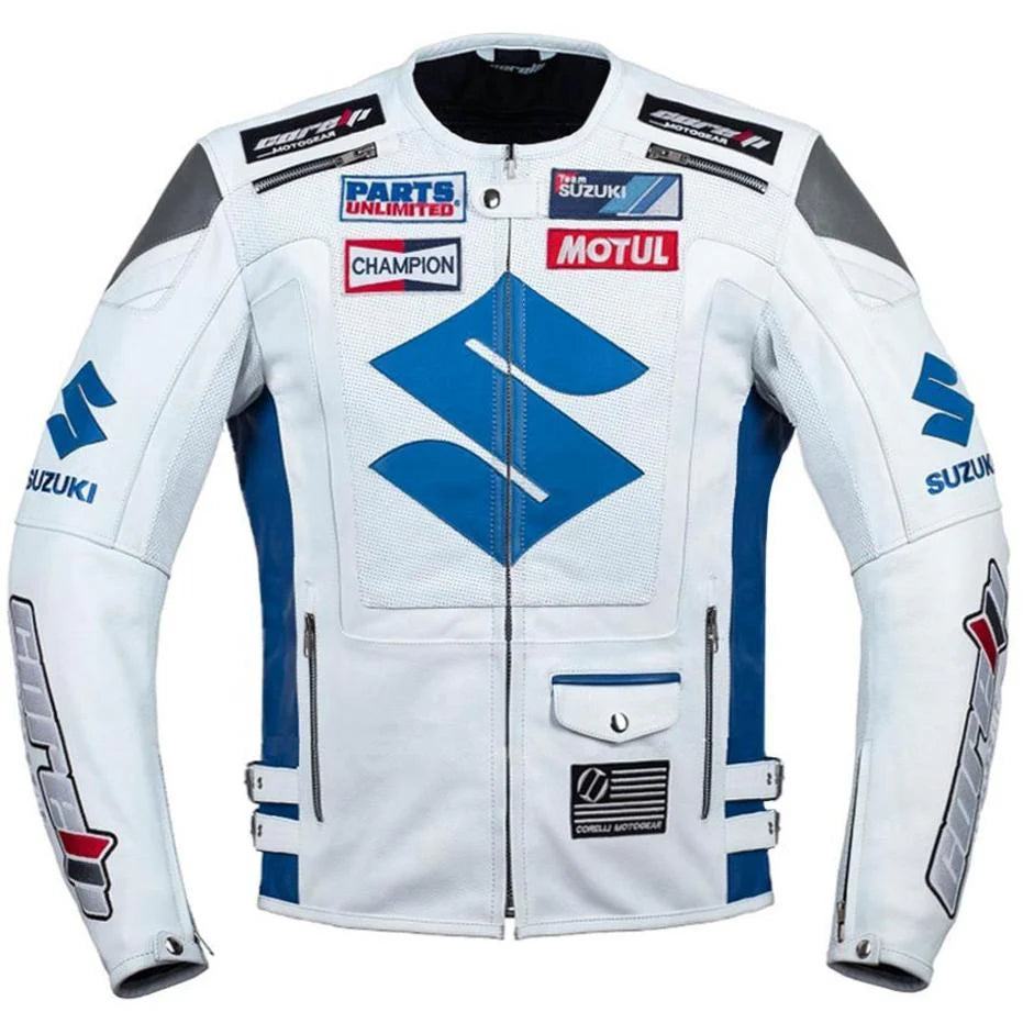Suzuki White Professional Men’s Motorcycle Racing Leather Jacket - CE Armored Track Gear
