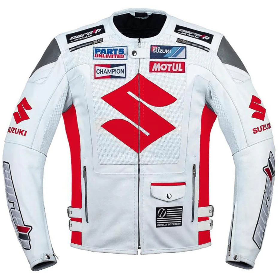 Suzuki Red Professional Men’s Motorcycle Racing Leather Jacket - CE Armored Track Gear