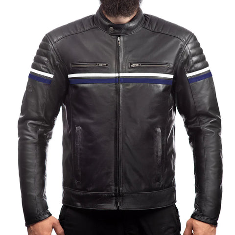 Metropolis Biker Leather Jacket with Blue Stripe — Premium Motorcycle Jacket