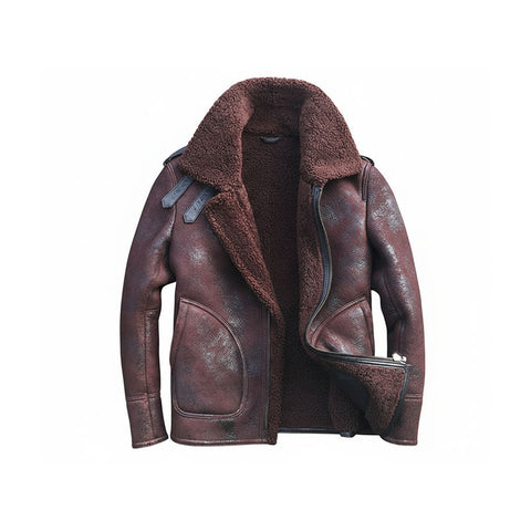 Men’s B3 Bomber Jacket – Distressed Brown Sheepskin with Dark Chocolate Shearling Wool