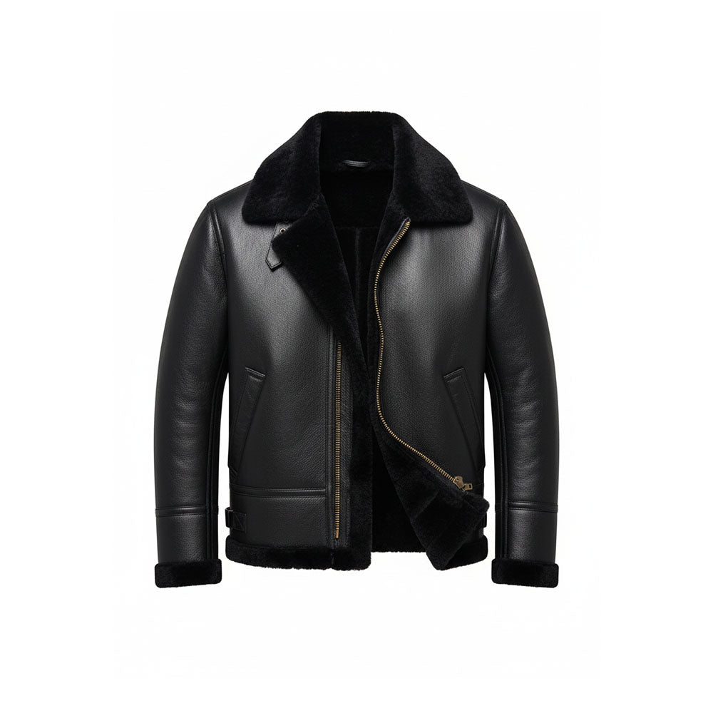 Men’s All-Black B3 Bomber Jacket – Premium Sheepskin Leather with Black Shearling Fur