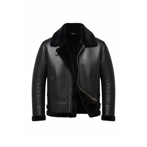 Men’s All-Black B3 Bomber Jacket – Premium Sheepskin Leather with Black Shearling Fur