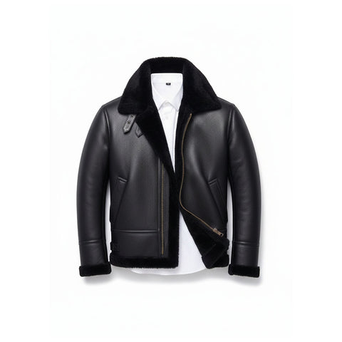 Men’s All-Black B3 Bomber Jacket – Premium Sheepskin Leather with Black Shearling Fur