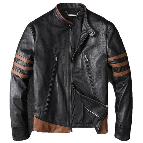 Men’s Black Leather Biker Jacket with Brown Stripes | Slim Fit Fashion Motorcycle Jacket