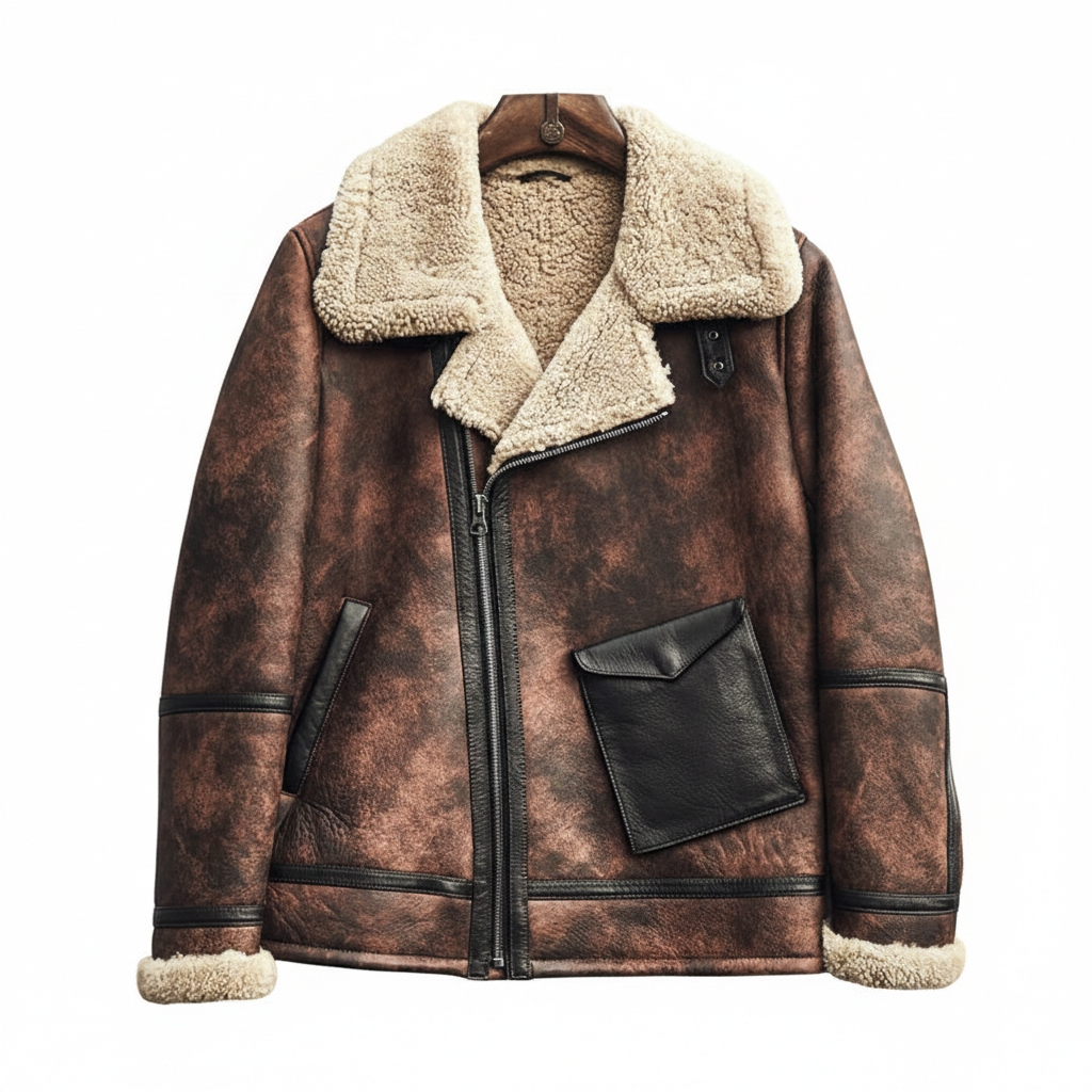 Mens B3 RAF Waxed Brown Aviator Leather Shearling Jacket