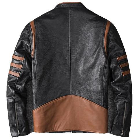 Men’s Black Leather Biker Jacket with Brown Stripes | Slim Fit Fashion Motorcycle Jacket