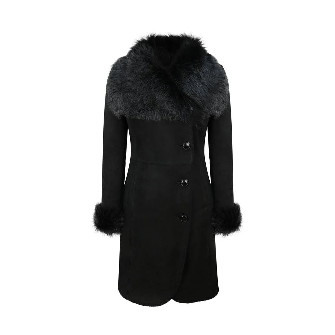 Women’s Real Sheepskin Suede Trench Coat – Slim-Fit 3/4 Long Designer Jacket