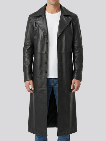 Men's Full-Length Black Leather Duster Coat - Classic Western Moto Outlaw