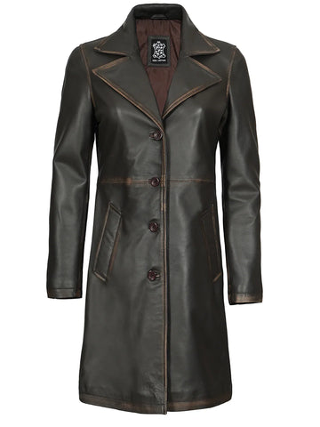 Women's Distressed Brown Leather 3/4 Length Coat - Vintage Biker Heritage