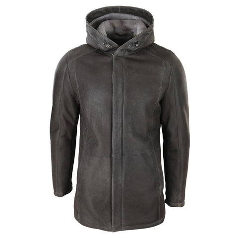 Men’s Brown Soft Sheepskin 3/4 Hooded Jacket – Genuine Leather Winter Overcoat