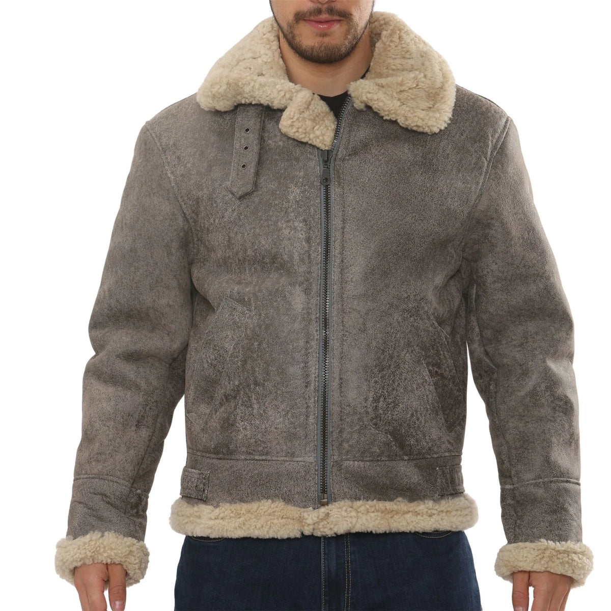 Men’s Grey Shearling B3 Aviator Jacket - Real Sheepskin Leather Bomber Winter Coat