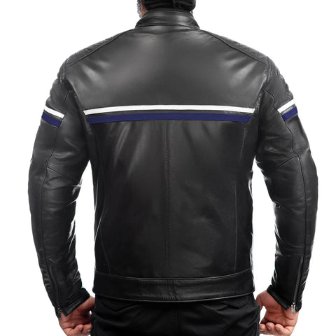 Metropolis Biker Leather Jacket with Blue Stripe — Premium Motorcycle Jacket