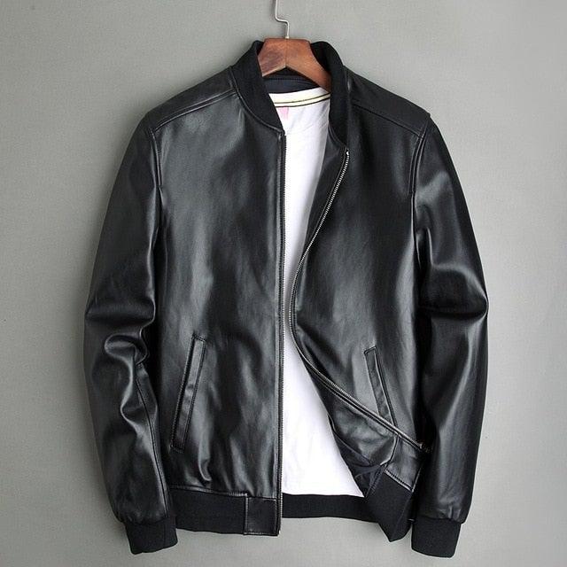 Men’s Black Leather Bomber Jacket | Classic Slim Fit Casual Fashion Jacket