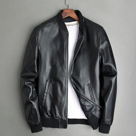 Men’s Black Leather Bomber Jacket | Classic Slim Fit Casual Fashion Jacket