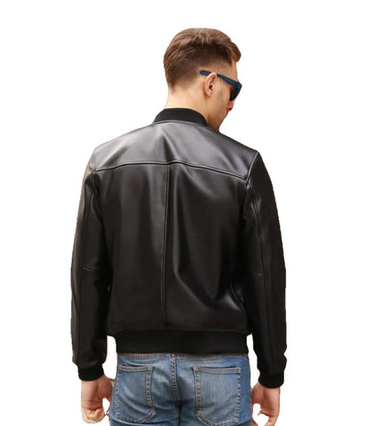 Men’s Black Leather Bomber Jacket | Classic Slim Fit Casual Fashion Jacket