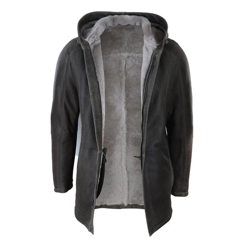 Men’s Brown Soft Sheepskin 3/4 Hooded Jacket – Genuine Leather Winter Overcoat