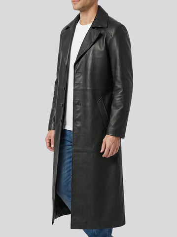 Men's Full-Length Black Leather Duster Coat - Classic Western Moto Outlaw