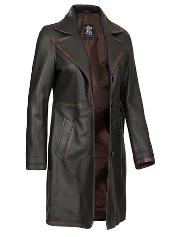 Women's Distressed Brown Leather 3/4 Length Coat - Vintage Biker Heritage