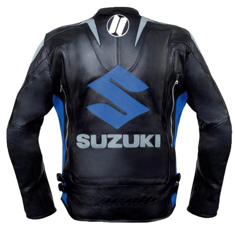 Suzuki Blue Professional Men’s Motorcycle Racing Leather Jacket - CE Armored Track Gear