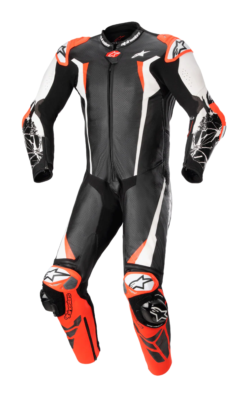 Racing Absolute V2 Kangaroo Leather Motorcycle Suit – 1 Piece Black/White/Red Fluo Racing Gear