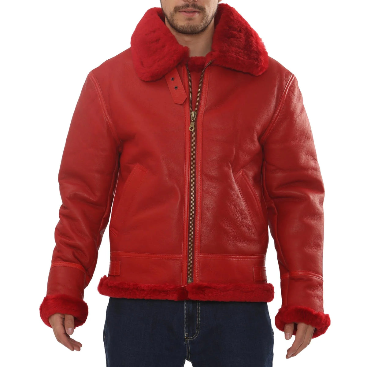 Men’s Red Shearling B3 Bomber Jacket - Real Sheepskin Leather Aviator Winter Coat