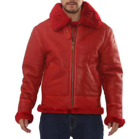 Men’s Red Shearling B3 Bomber Jacket - Real Sheepskin Leather Aviator Winter Coat