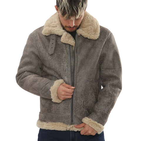 Men’s Grey Shearling B3 Aviator Jacket - Real Sheepskin Leather Bomber Winter Coat