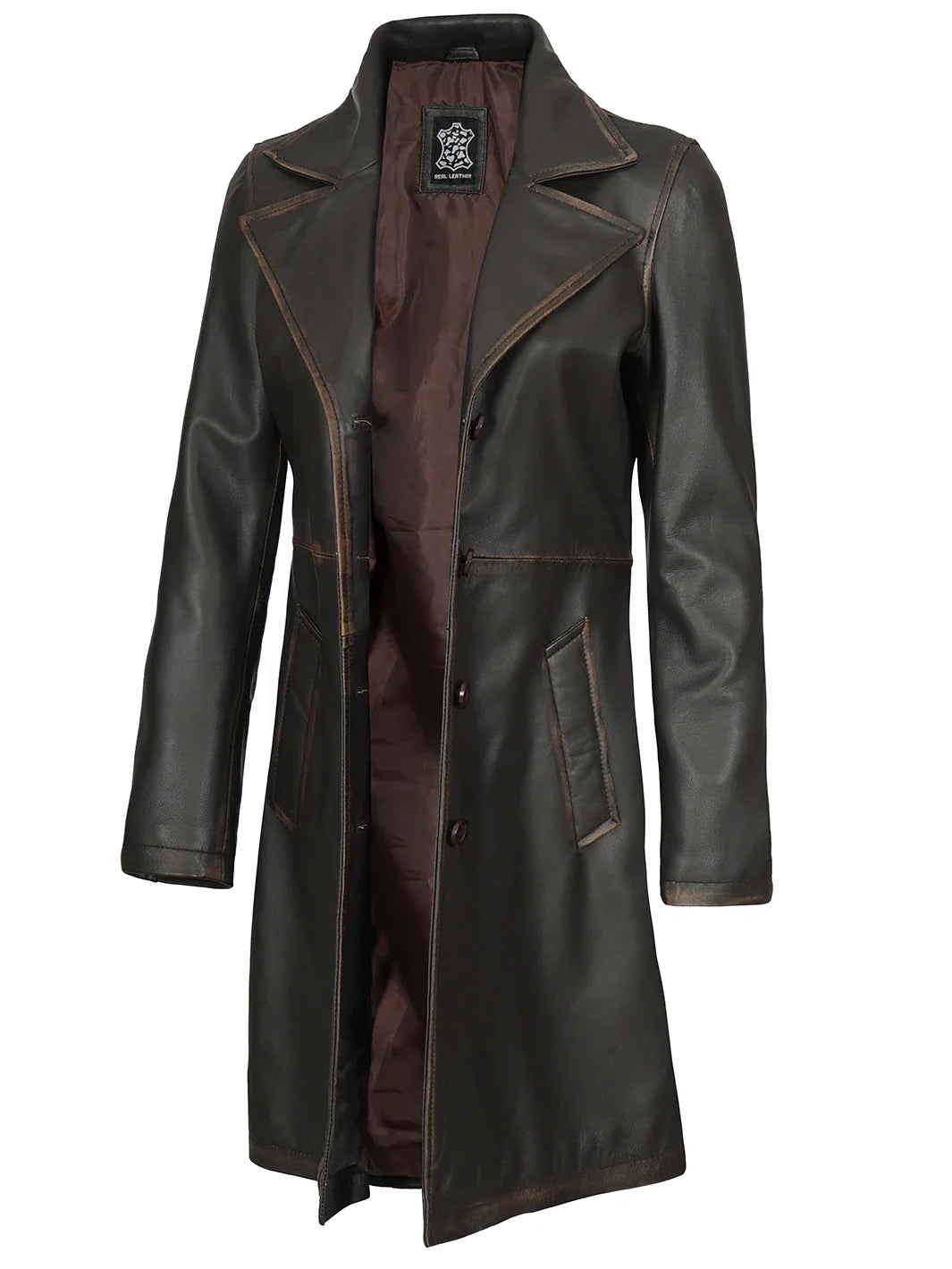 Women's Distressed Brown Leather 3/4 Length Coat - Vintage Biker Heritage