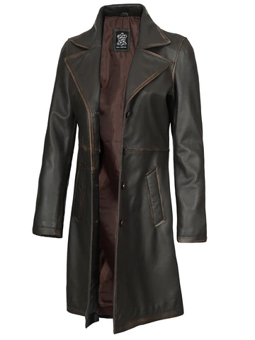 Women's Distressed Brown Leather 3/4 Length Coat - Vintage Biker Heritage