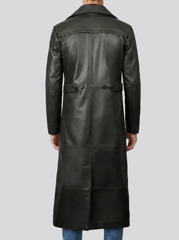 Men's Full-Length Black Leather Duster Coat - Classic Western Moto Outlaw