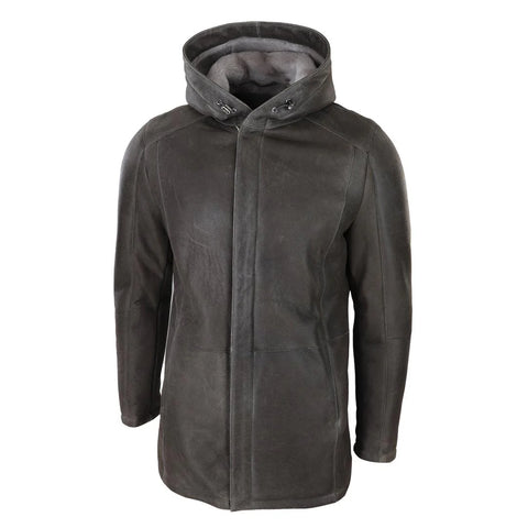 Men’s Brown Soft Sheepskin 3/4 Hooded Jacket – Genuine Leather Winter Overcoat