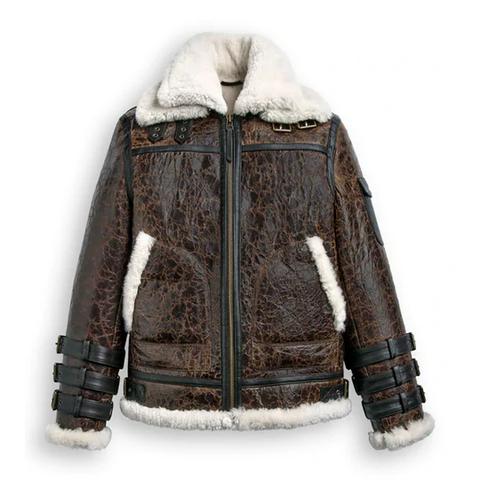 Brown Shearling Aviator Leather Jacket in Two Tones