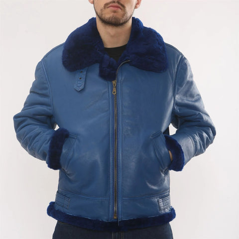 Men’s Blue Shearling B3 Aviator Jacket - Real Sheepskin Leather Bomber Winter Coat