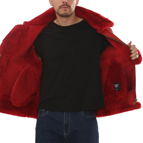 Men’s Red Shearling B3 Bomber Jacket - Real Sheepskin Leather Aviator Winter Coat