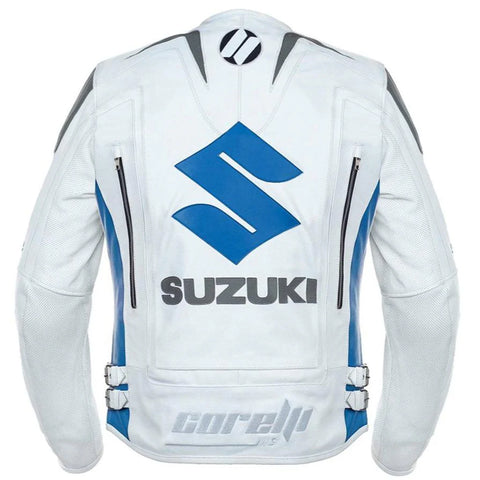 Suzuki White Professional Men’s Motorcycle Racing Leather Jacket - CE Armored Track Gear