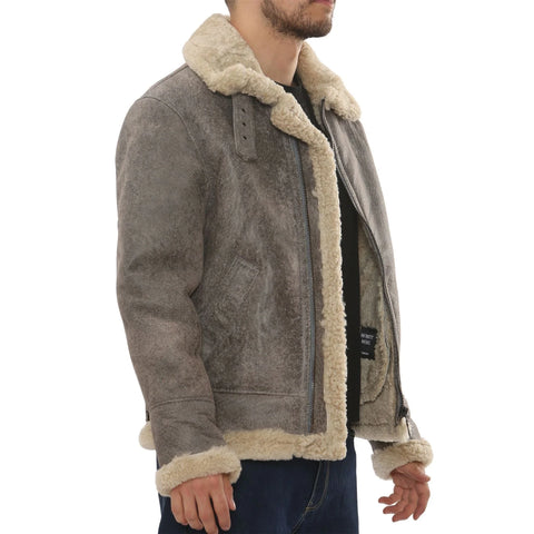 Men’s Grey Shearling B3 Aviator Jacket - Real Sheepskin Leather Bomber Winter Coat