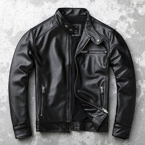 Men’s Classic Black Genuine Leather Cafe Racer Jacket