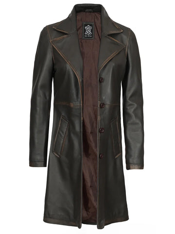 Women's Distressed Brown Leather 3/4 Length Coat - Vintage Biker Heritage