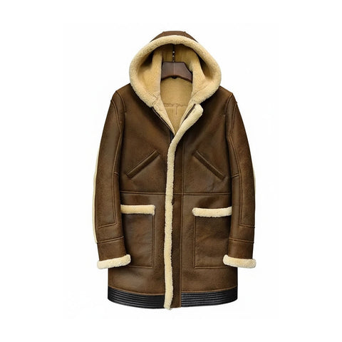Men's Sheepskin Shearling Brown Leather coat with Hood