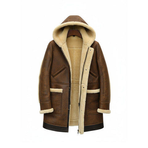 Men's Sheepskin Shearling Brown Leather coat with Hood