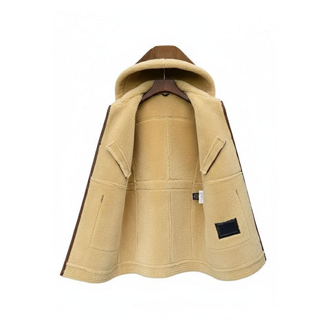 Men's Sheepskin Shearling Brown Leather coat with Hood