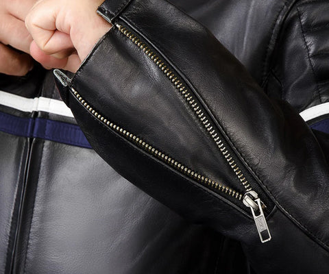Metropolis Biker Leather Jacket with Blue Stripe — Premium Motorcycle Jacket