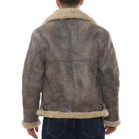 Men’s Grey Shearling B3 Aviator Jacket - Real Sheepskin Leather Bomber Winter Coat