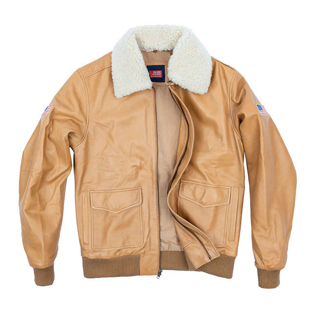 Men’s Heritage Tan Leather Flight Bomber Jacket with Faux Fur Collar