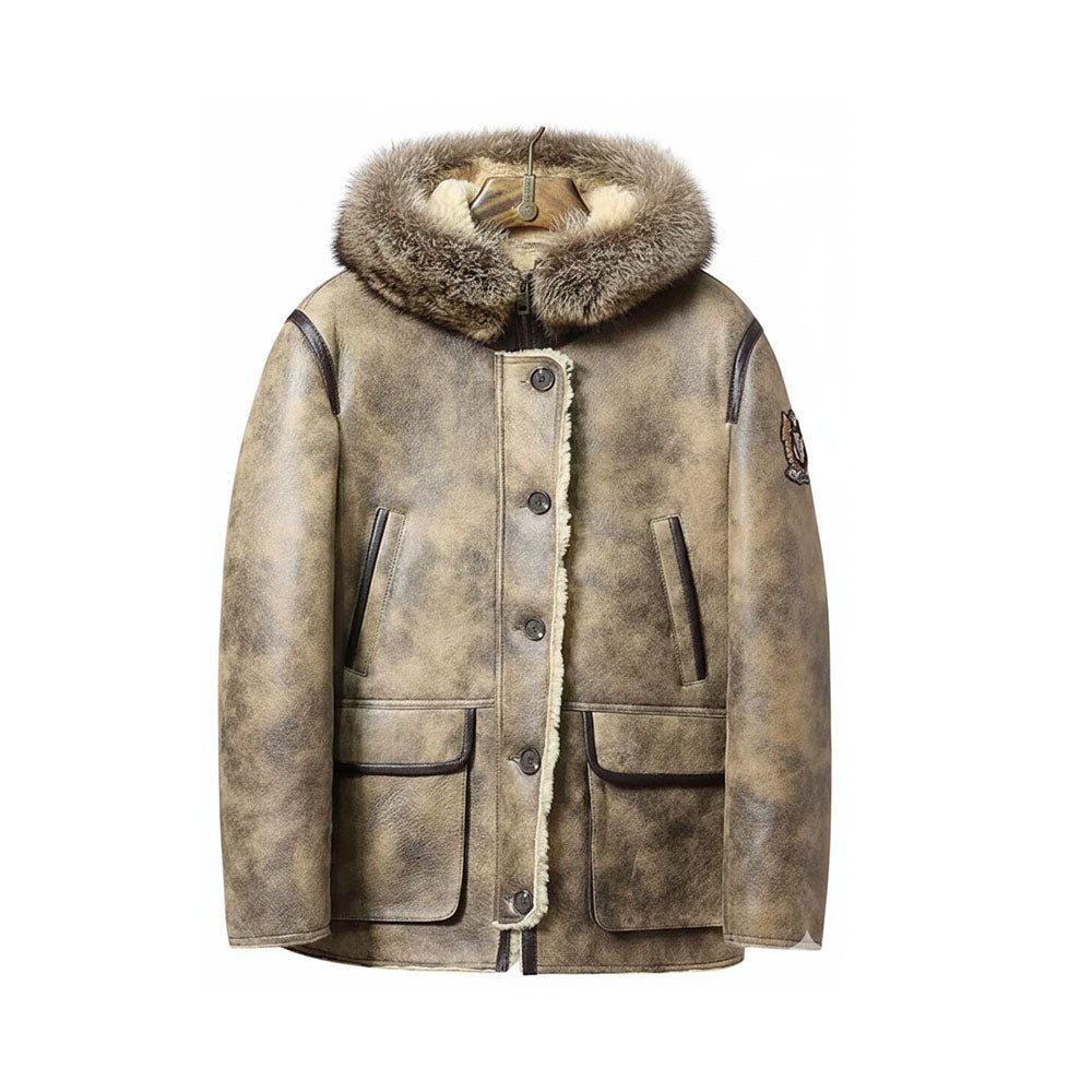 Men's Leather Bomber Jacket with Hooded Shearling Collar